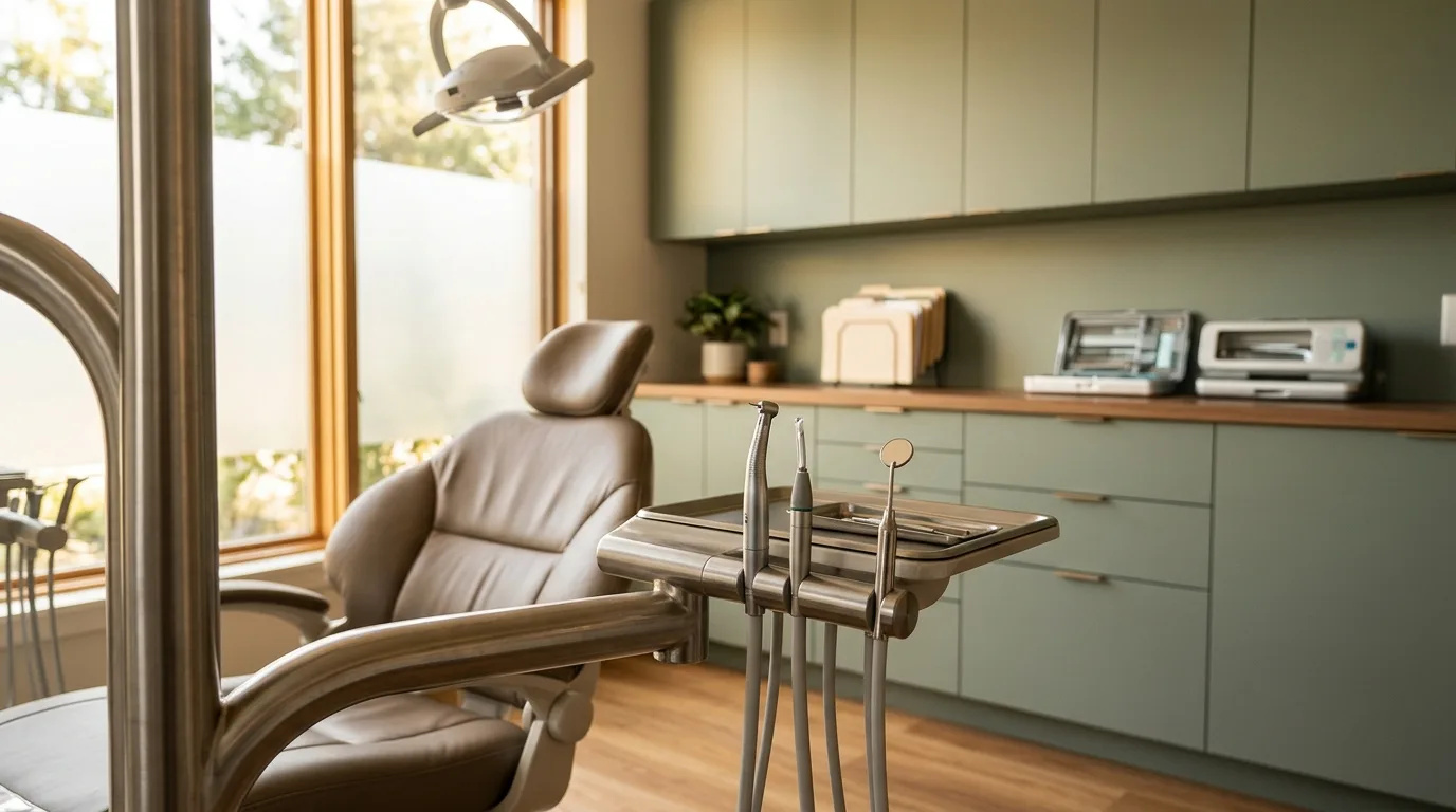 a clean modern dental operatory with warm lighting, teal accent tones, the chair angled invitingly with soft overhead light, no people visible, intimate and calm atmosphere